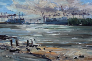 Gegenlicht Hans Leip Ufer, 2024 Oel Lwd. 40 x 60 cm