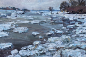 Treibeis Elbe Geesthacht, 2026 Öl / Lwd. 50 x 60 cm